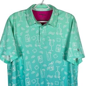 Birdie Bound Performance Golf Polo Shirt‎ Mens M Cocktail Print Green Gradiant